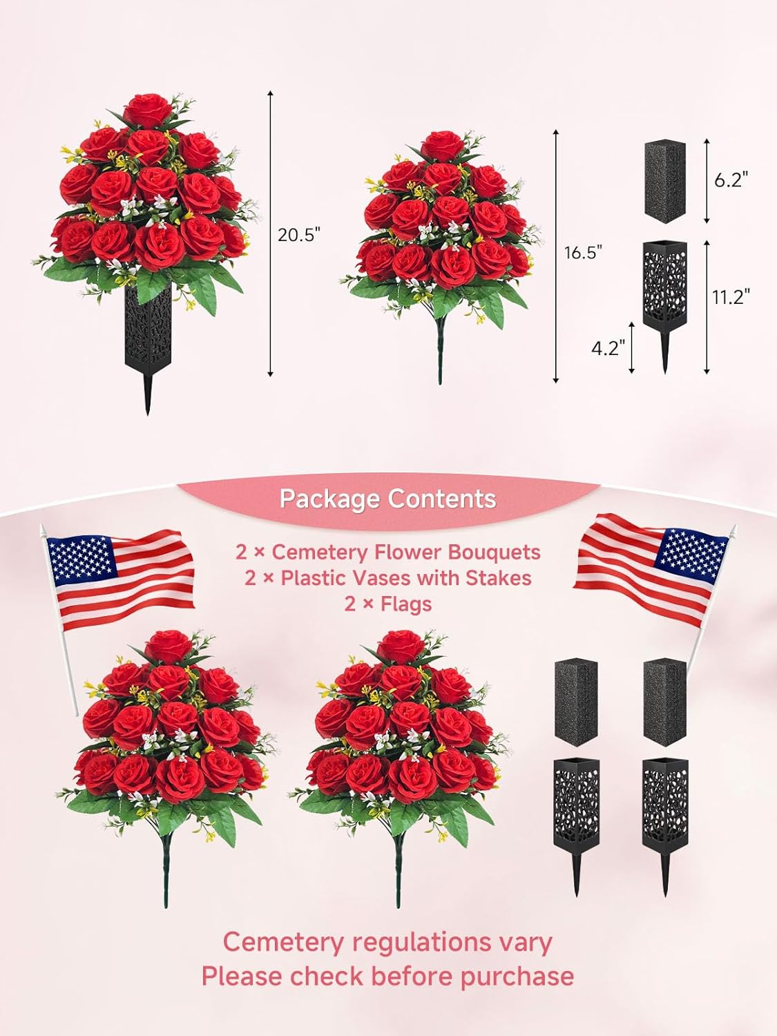 2-Pack Artificial Cemetery Flowers for Grave, 18-Stem Red Rose Bouquets with Spiked Vases, Wind-Secure Non-Bleeding Memorial for Headstones & Gravesites