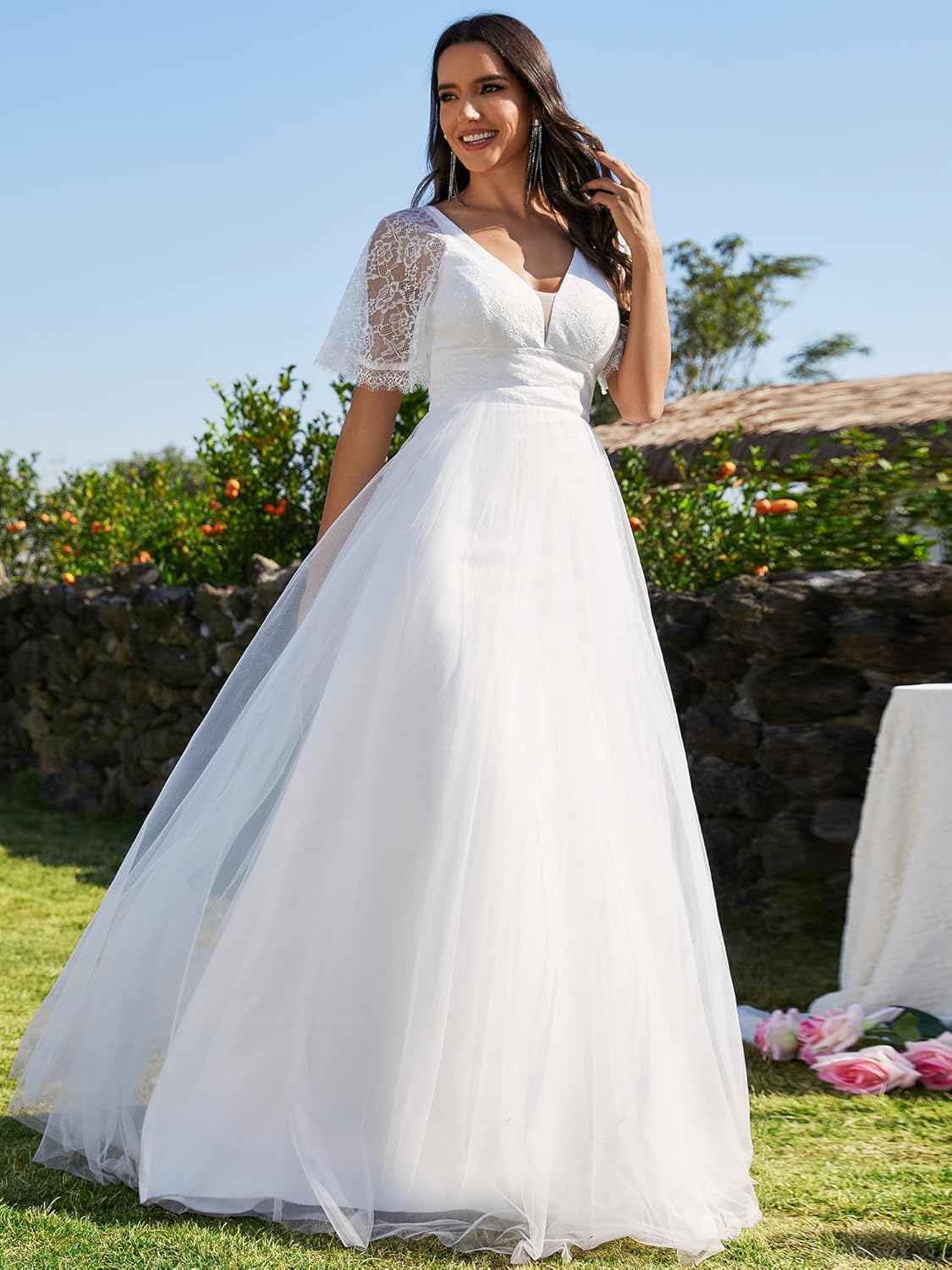 Ever-Pretty Women's Lace Short Sleeve V Neck Wedding Dress A Line Floor Length Empire Waist Bridal Gown 02039