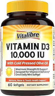Maximum Strength Vitamin D3 10,000 IU (250mcg), Highly Bioavailable, with Cold Pressed Olive Oil, Immune, Bone & Teeth Health Support, No Soy, Sunshine Vitamin, 60 Mini Softgels