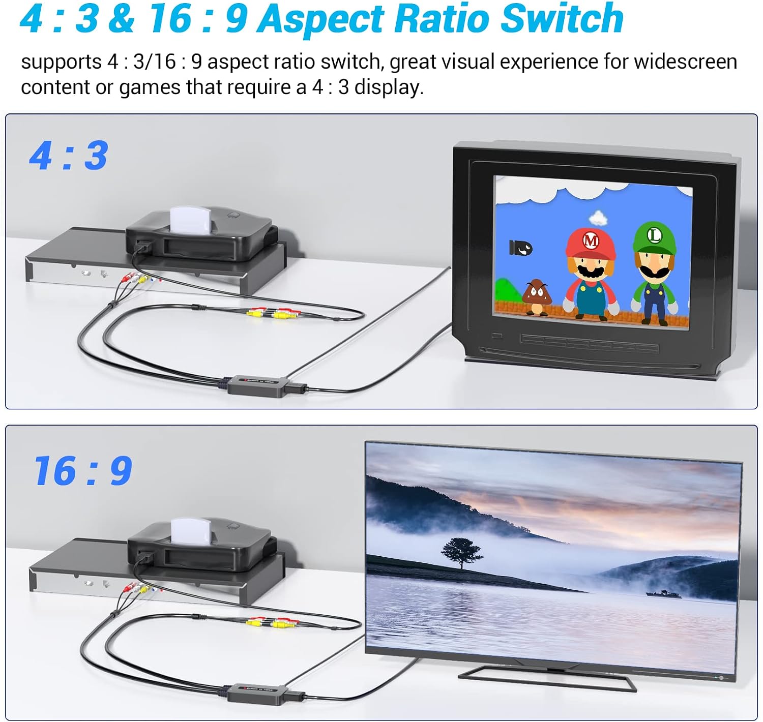 Dual Port RCA to HDMI, Double Composite AV to HDMI Converter, Two RCA in One HD Out Converter for N64/Wii/PS2/DVD/VHS to Display On Newer TVs