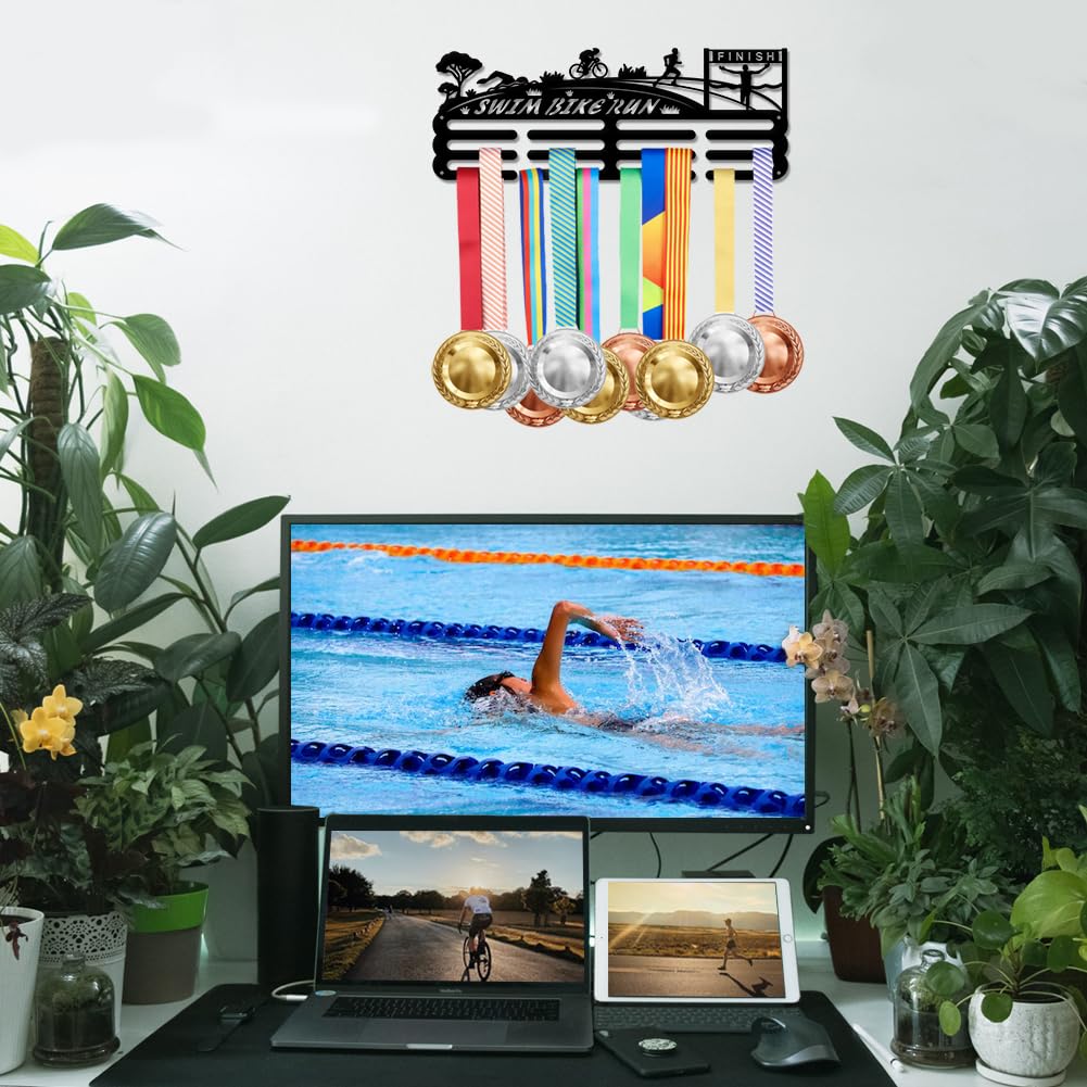 SUPERDANT Soporte para medallas de triatlónpara nataciónbicicletacorrersprint y exhibiciónde hierro negropara colgar en la paredpara medallas de competiciónpara colgar en la paredmás de 60 medallas