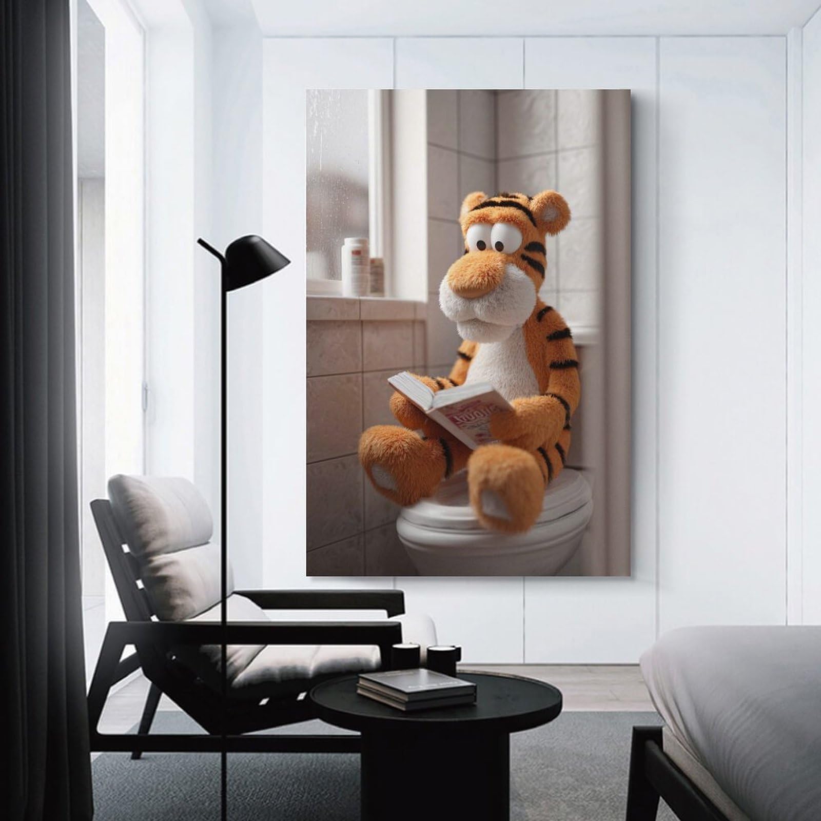 Junmoney Unframe-Style-2 Tiger Reading A Book On Toilet Wall Picture Print 24X36inch(60X90cm), For Lounge Decor, Offices Or Entryway Styling, Versatile Wall Decor For Many Rooms