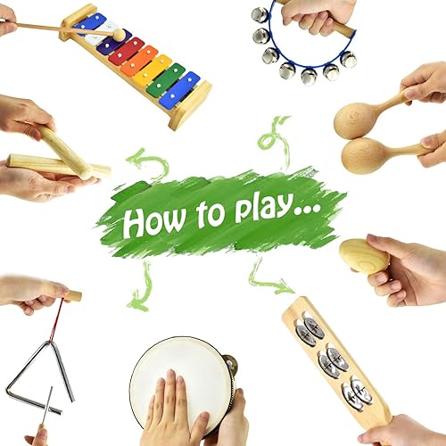 Vista 3 de MUSICUBE Juego de instrumentos musicales para niños pequeños, instrumentos de percusión de madera, juguetes musicales, xilófono, maracas, coctelera