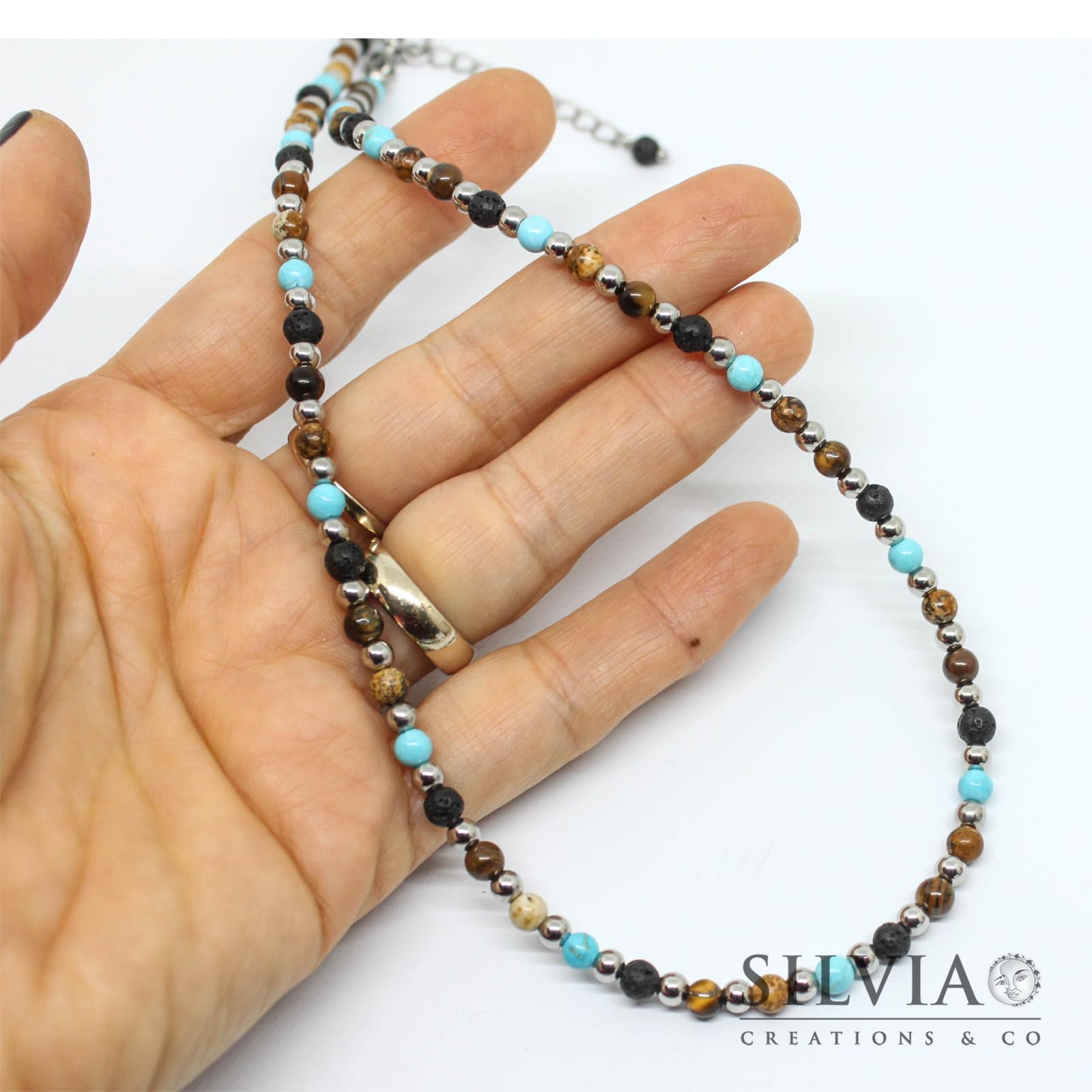 Collana Uomo Pietre Dure Naturali Pietra Lavica Occhio di Tigre Diaspro Turchese