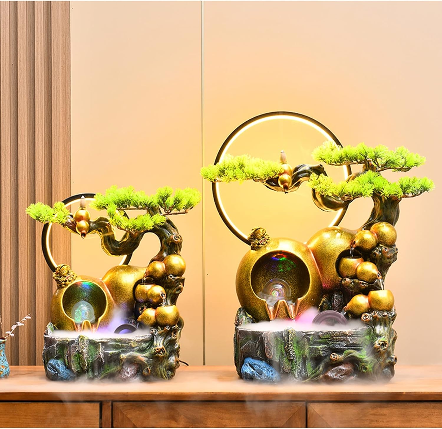 Tabletop Fountains Tabletop Water Fountain Resin Relaxation Meditation Fountain Desktop Fountain with Golden Gourd and Artificial Bonsai Design, Indoor Waterfall Feature for Home Office Decor Relaxati