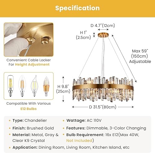 Miniatura 8 de Siljoy Candelabro moderno de cristal de 31.5 pulgadas, 16 luces de lujo de 2 niveles de latón redondo dorado con forma de gota de lluvia, lámpara de