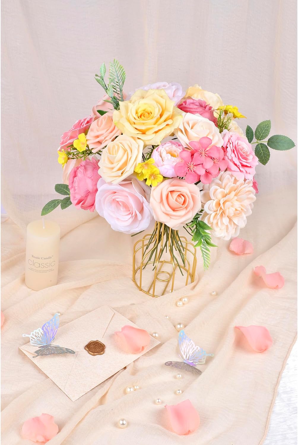 Artificial Wedding Flowers Silk Flowers with Stems Pink and Yellow Flowers Rose Peony Floral Arrangements DIY Wedding Bouquets Table Centerpieces Cake Decor for Party Baby Shower Home - Image 7