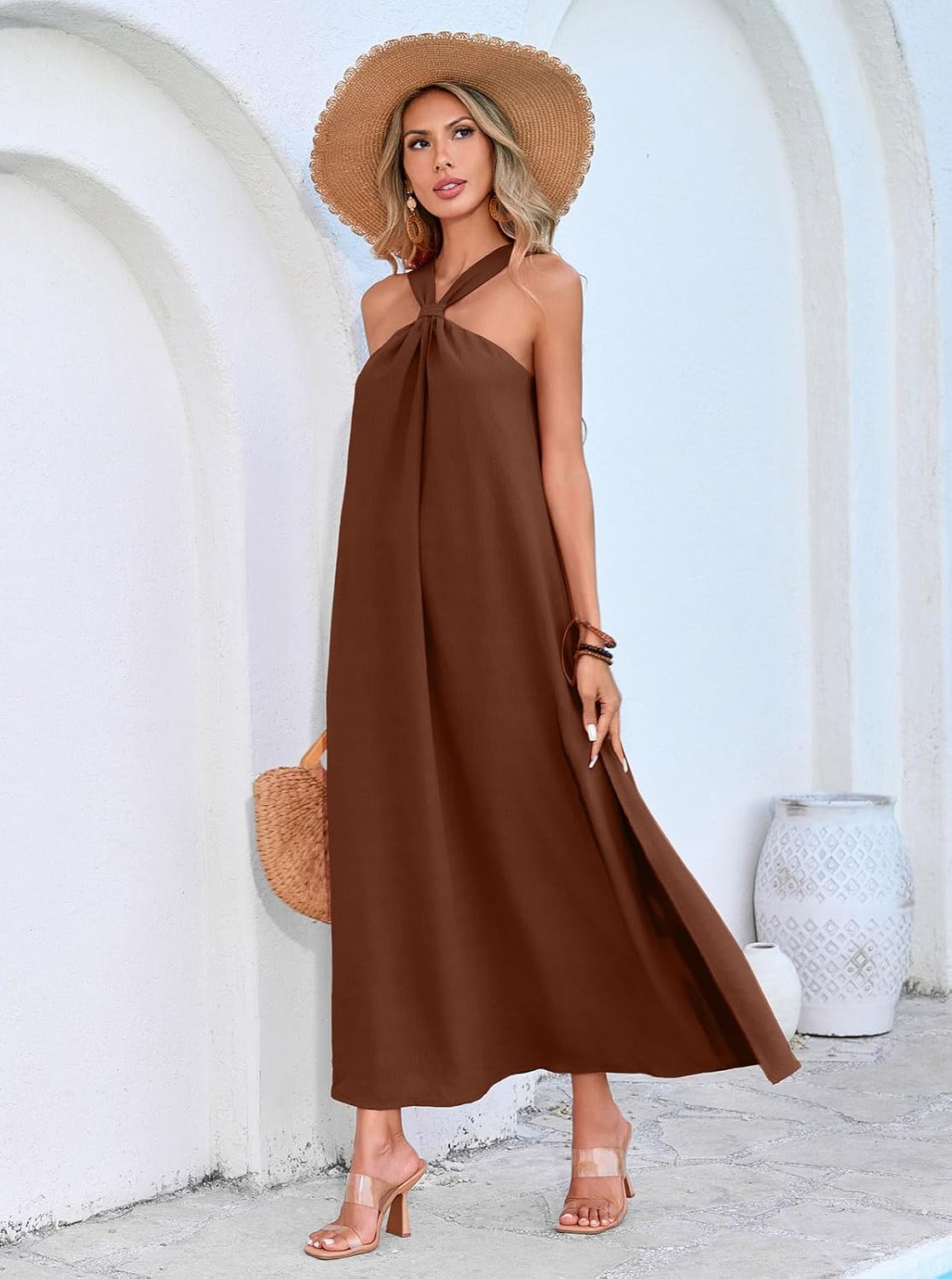 MIRALUNA Womens Summer Sleeveless Halter Long Dress Casual Strappy Vacation Beach Loose Flowy Side Slit Maxi Dresses