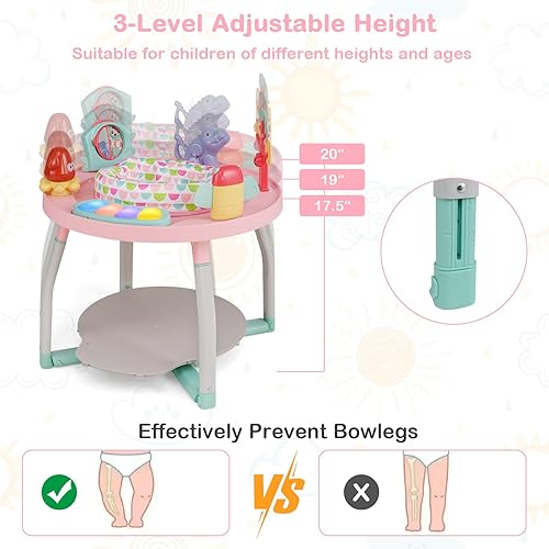 Miniatura 5 de HONEY JOY Centro de actividades para bebés, puente infantil 5 en 1 y mesa de juego de pie con asiento giratorio de 360, 6 juguetes, 3 alturas