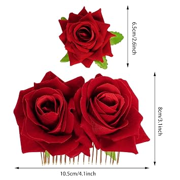 Topbuti Rose Flower Hair Clip Fabric Rose Hairpin Brooch Floral Clips, 3 Pcs Mexican Hair Flowers Pin up Headpieces Flamenco Dancer Hair Accessories for Women Girls Wedding Mother's Day (Red)