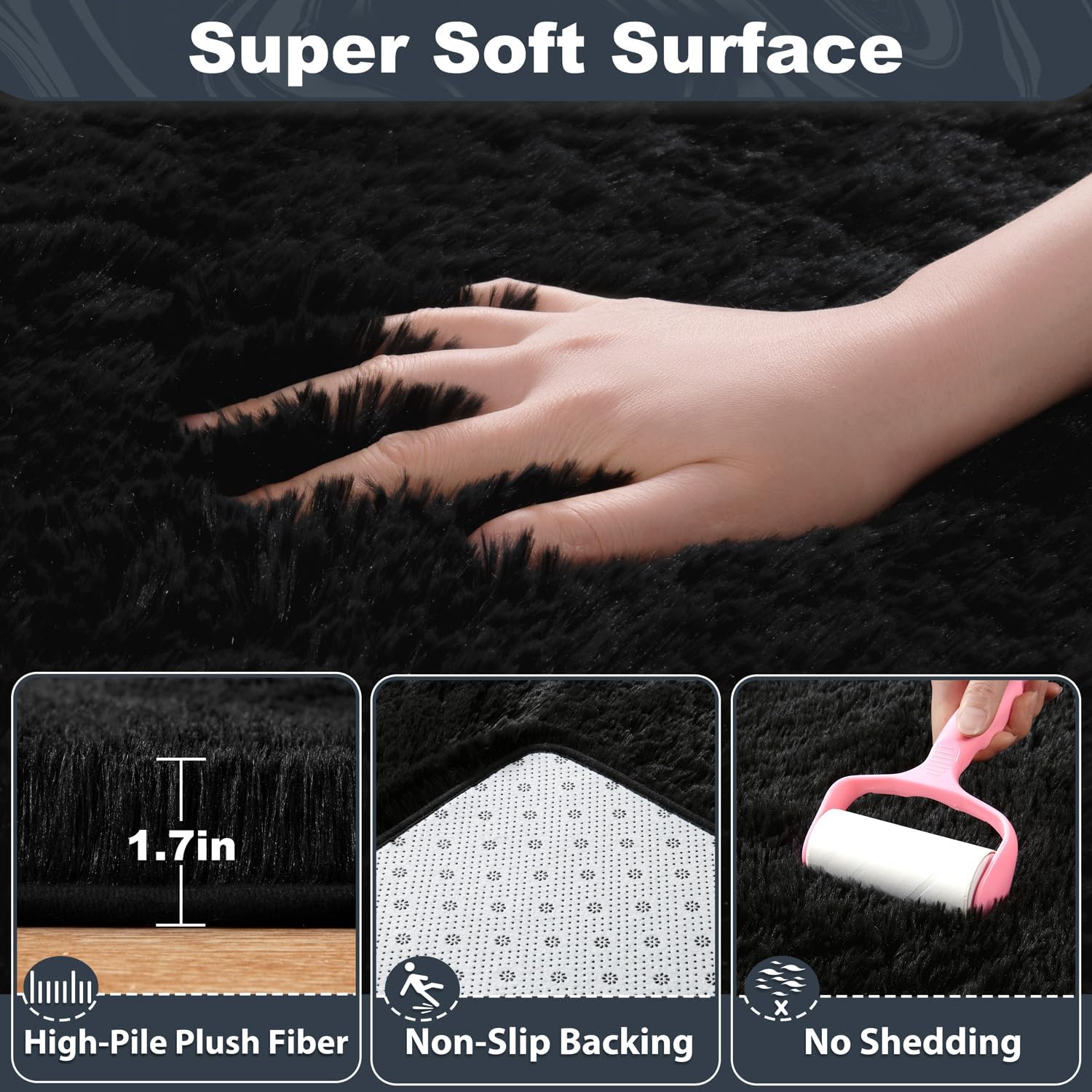 evoionos 8x10 washable large area rug for living room, fluffy shag rug for bedroom, ultra soft plush non slip carpet for indoor floor bedside nursery kids girls room dorm, home decor aesthetic, black black 8' x 10' (rectangular)