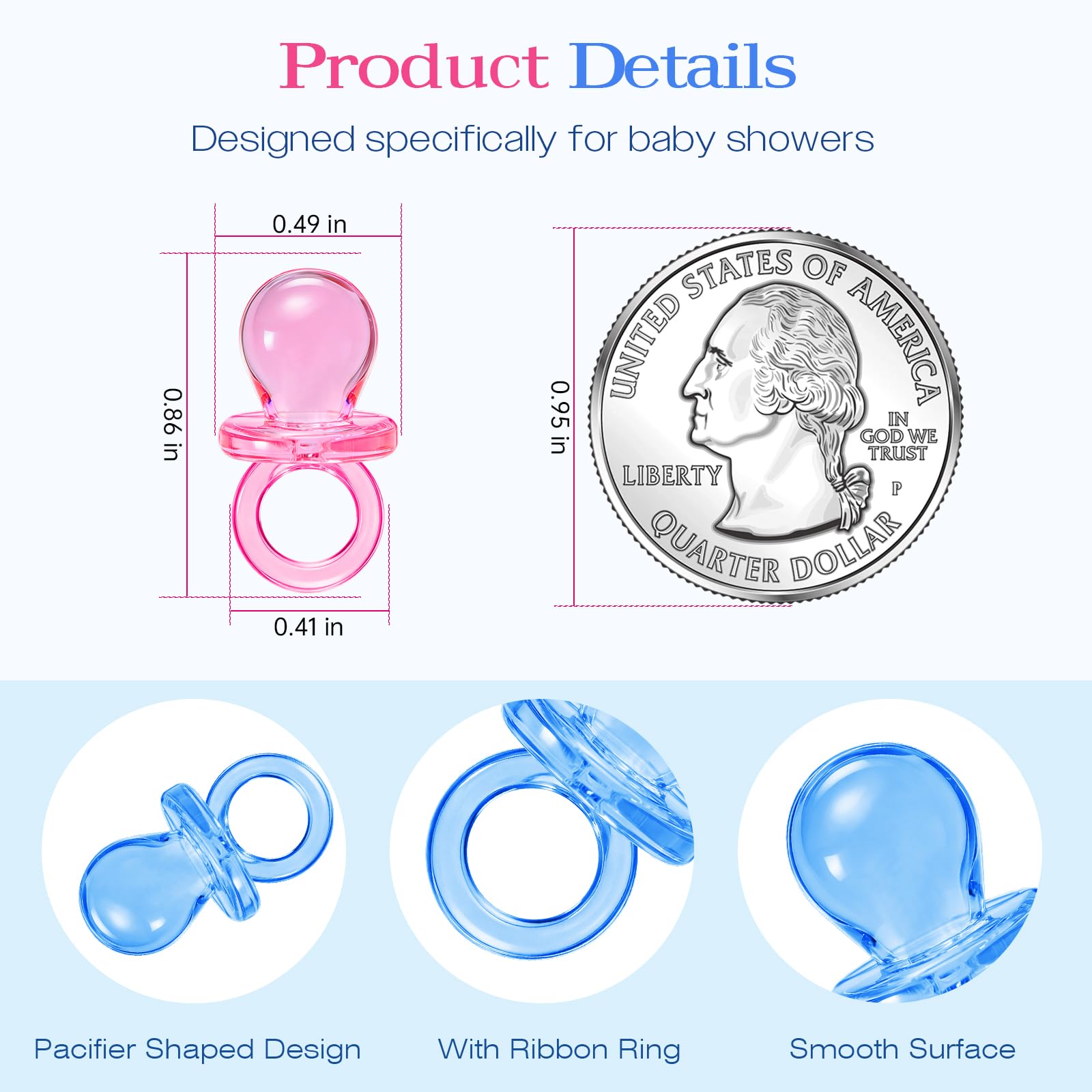 XINHUIDALSQ 150 mini chupetes acrílicos para baby shower, juego de niñas, chupones a granel de 0.86 pulgadas para revelar género, regalos de fiesta, decoración de mesa (75 azul + 75 rosa)