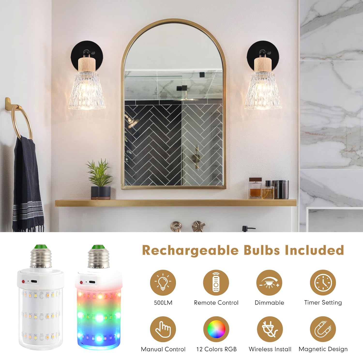 Vintage Battery Operated Wall Sconce, Clear Glass Cordless Wall Lamp Wireless Rechargeable Wall Light with 7200mAh Dimmable Bulbs and Remote for Bedroom Living Room