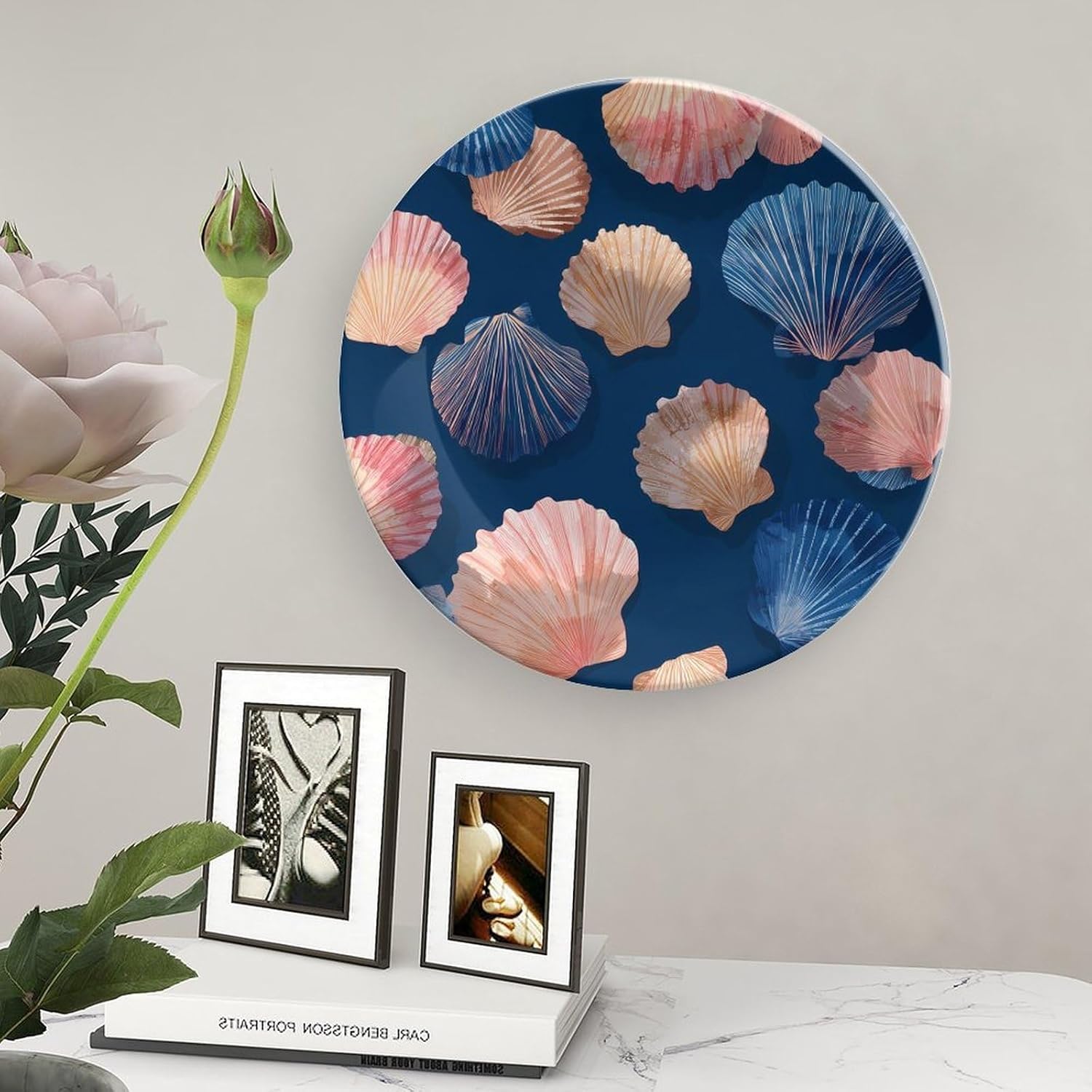 Seashells Scallops Decorative Plates for Display Ceramic Plate Tray with Stand Hanger Home Decor