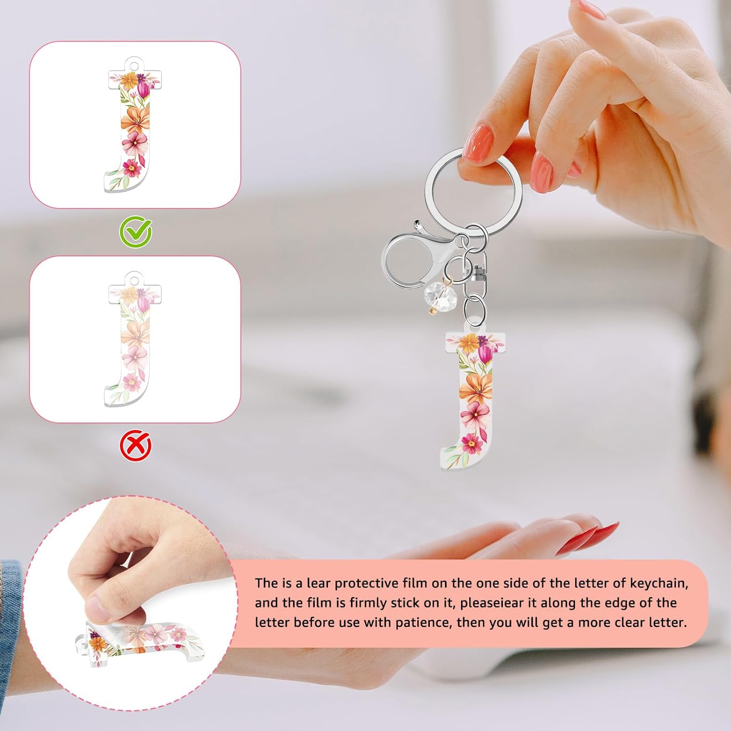 Pink Flower Letter Key Chain, Initial Keychains with Crystal Pendant for Women Gift, Cute Alphabet Handbags Keyring - Image 5