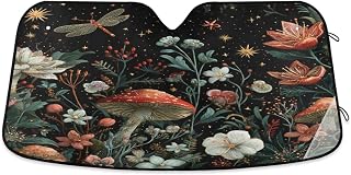 Car Windshield Sun Shade Dragonflies Mushroom Flowers Reflective Sunshade for Ultimate Protection Fits Small Sedans, Mini SUVs, Hatchbacks