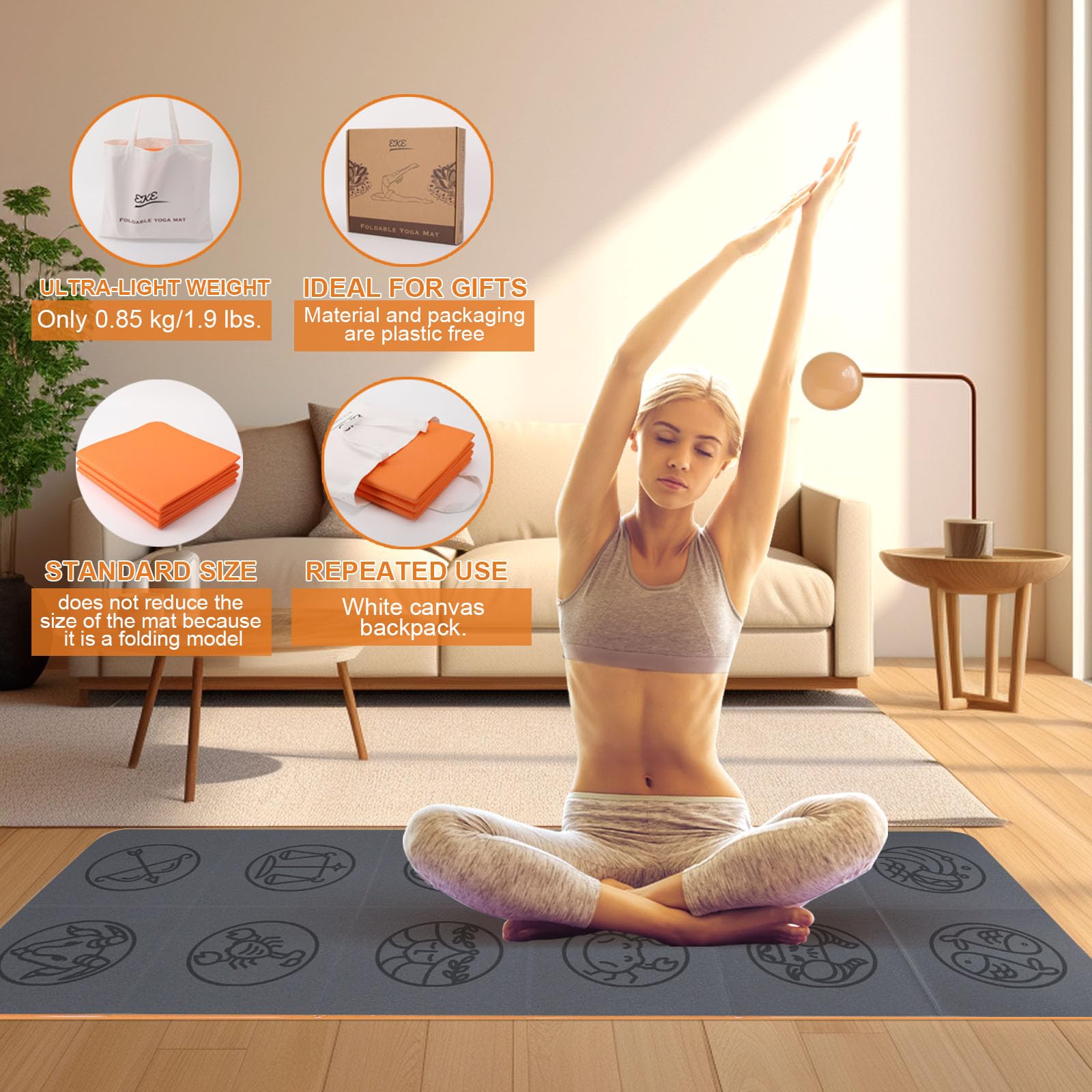 EKE Tappetino da yoga pieghevole in PU+TPE spessore 5 mm, dimensioni standard, pieghevole, leggero e portatile, ideale per yoga, pilates, fitness, sport, allenamento, con borsa per il trasporto in