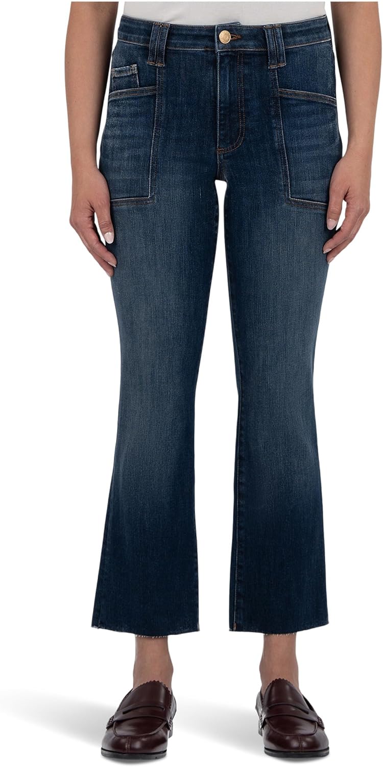 KUT from The Kloth Womens Kelsey High-Rise Flare Frt Pockets Inset Raw Hem in