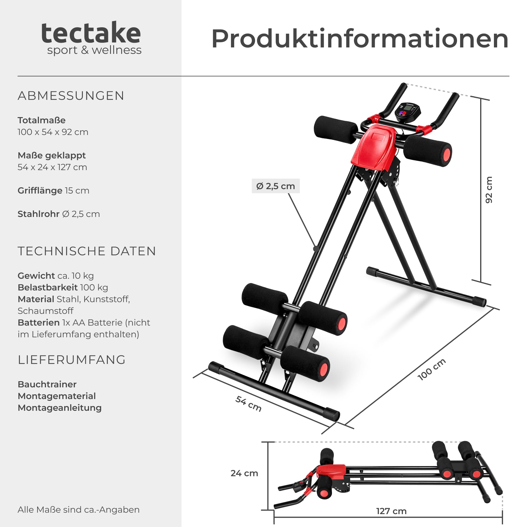 tectake® 5-fach verstellbarer Bauchtrainer Rückentrainer, Bauchmuskeltrainer, AB Trainer mit Trainingscomputer, faltbarer Home Trainer für Sport Zuhause, Krafttraining Zuhause, Home Workout