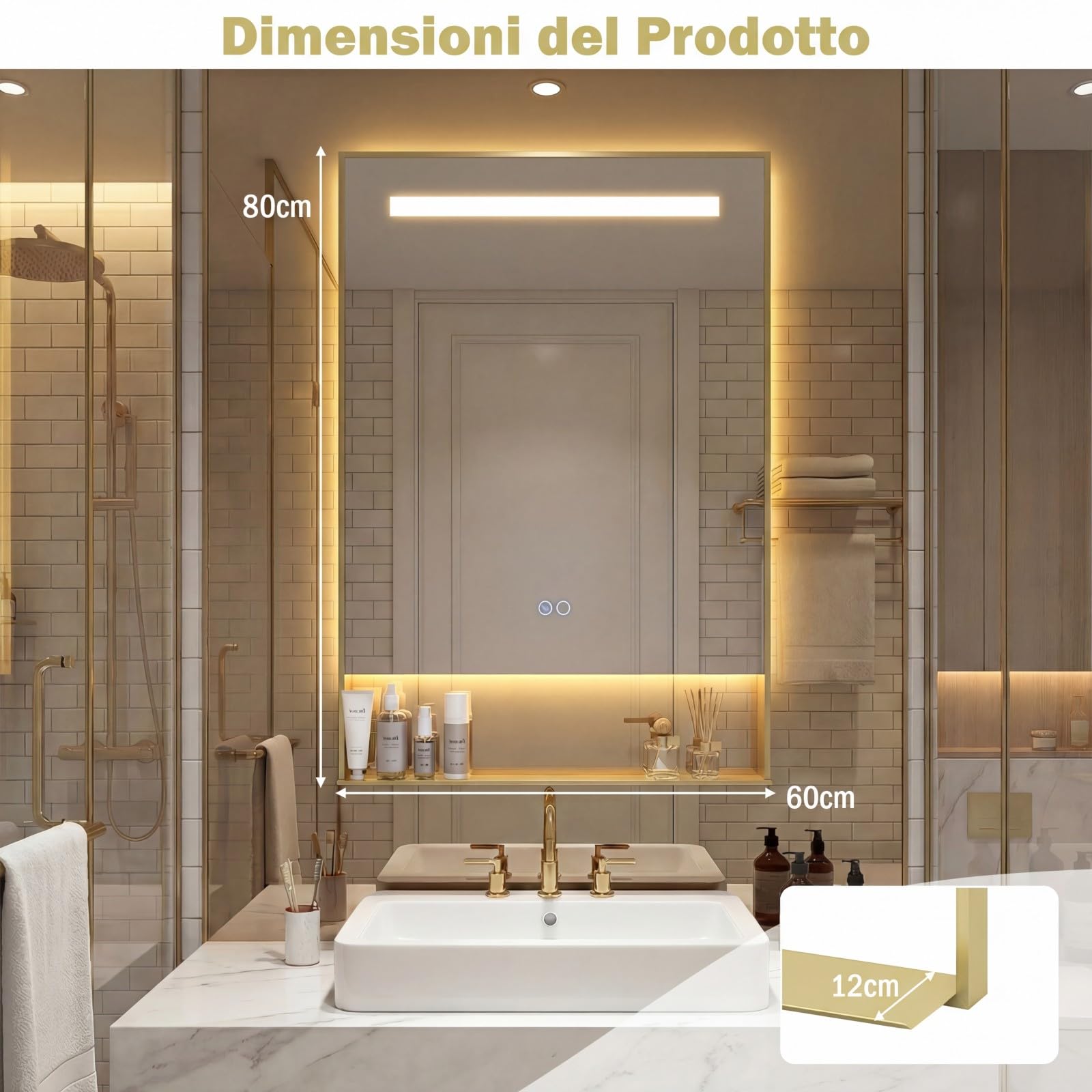 COSTWAY Specchio da Bagno LED 80x60 cm con Mensola e Cornice in Alluminio | Specchio da Trucco LED con Funzione Antiappannamento, 3 Colori di Luce e Luminosità Regolabile