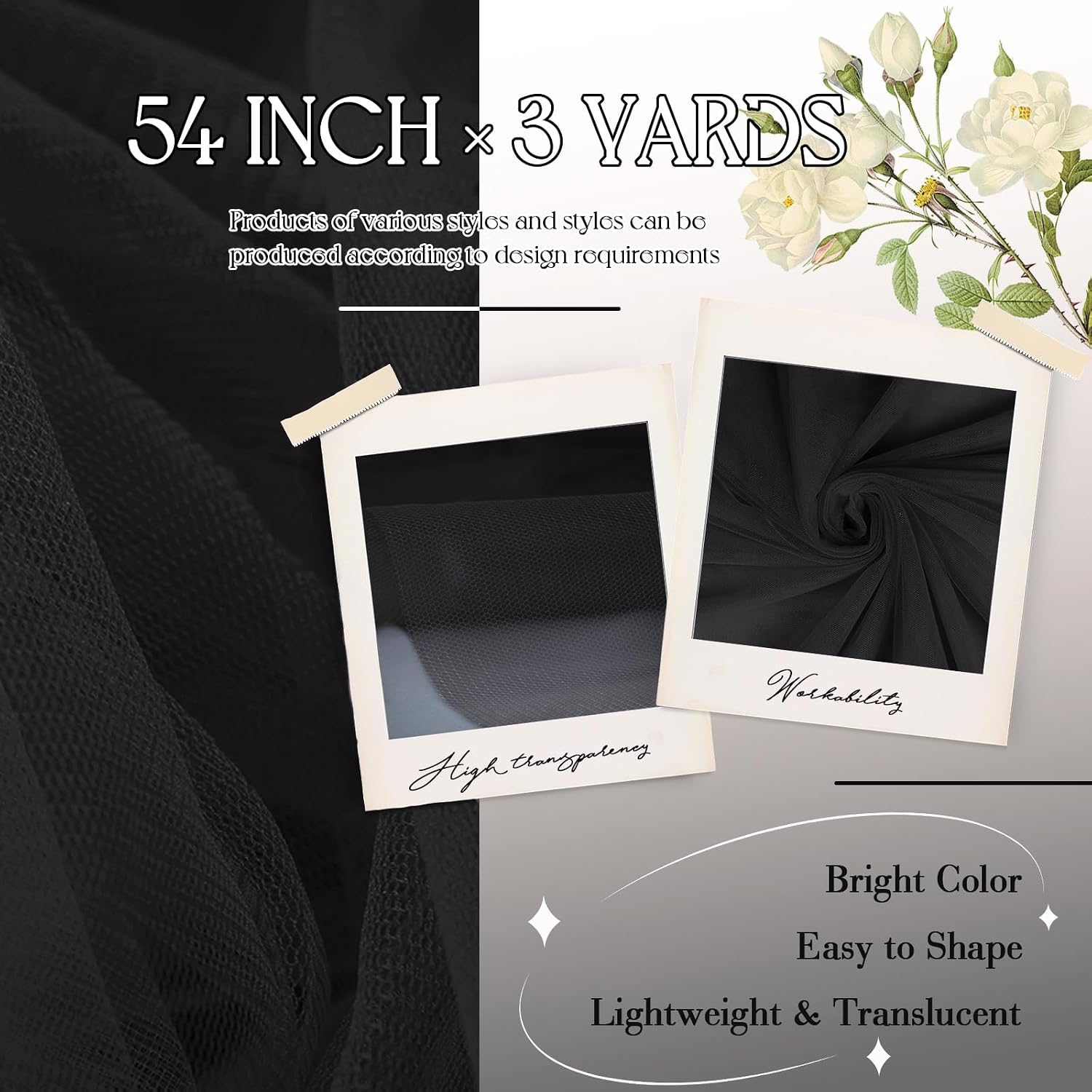 Black Soft Mesh Fabric 54 Inch by 3 Yards, No Stretch Sheer Mesh Netting, Tulle Gauze Fabric for Wedding Dress Prom Gown Corset Base Dance Costume Crafts