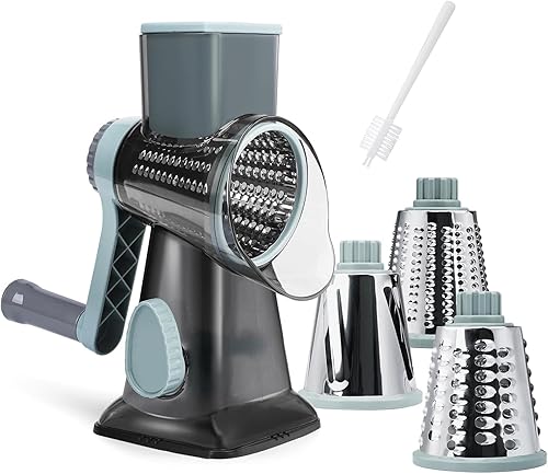 Miniatura 10 de Rallador de queso giratorio, triturador manual de queso con 3 cuchillas intercambiables, rallador de queso con manivela de mano con base de succión