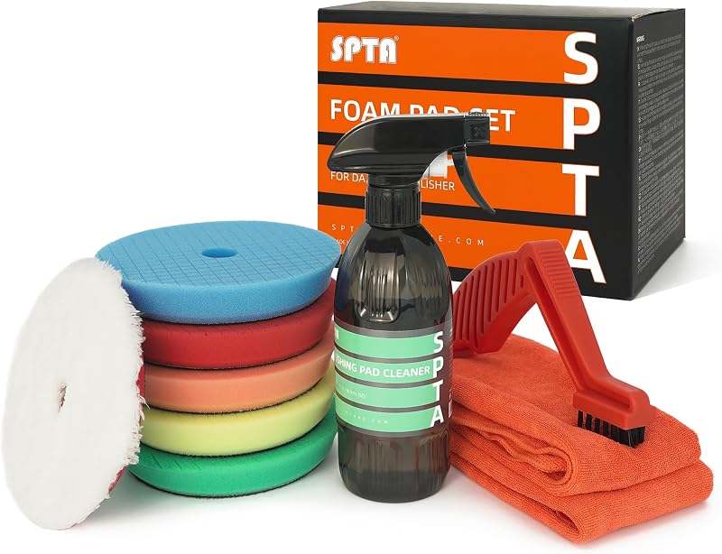 Juego de detalles de 10 piezas SPTA, 5 almohadillas pulidoras pulidoras de 6 pulgadas, 1 almohadilla de acabado de microfibra, limpiador pulidor de 1-16 oz, 1 cepillo acondicionador, toalla de microfibra de 2-16"*16" para pulidores de doble acción y giratorios