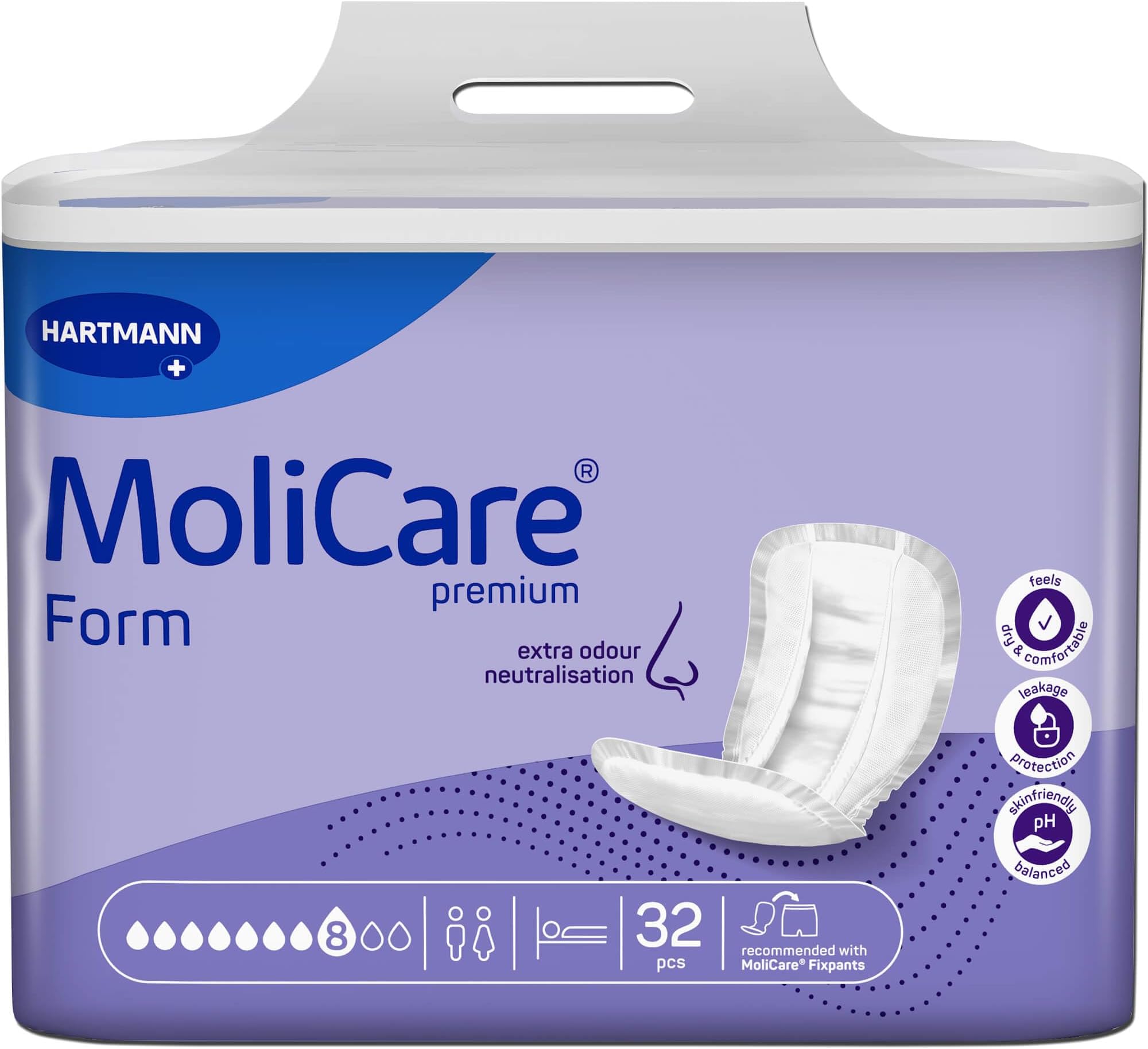 Premium Form | 8 Drops | Large Incontinence Pads | Instant Dry Feeling All Day | Soft Material | Active Skin Protection | Pack of 32 | Absorbs up to 3017ml