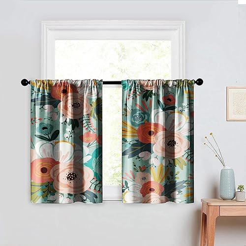 Miniatura 10 de Cortinas cortas de 24 pulgadas de largo, cortina de oscurecimiento de habitación para cocina, baño, dormitorio, estilo rústico, girasol, tela con