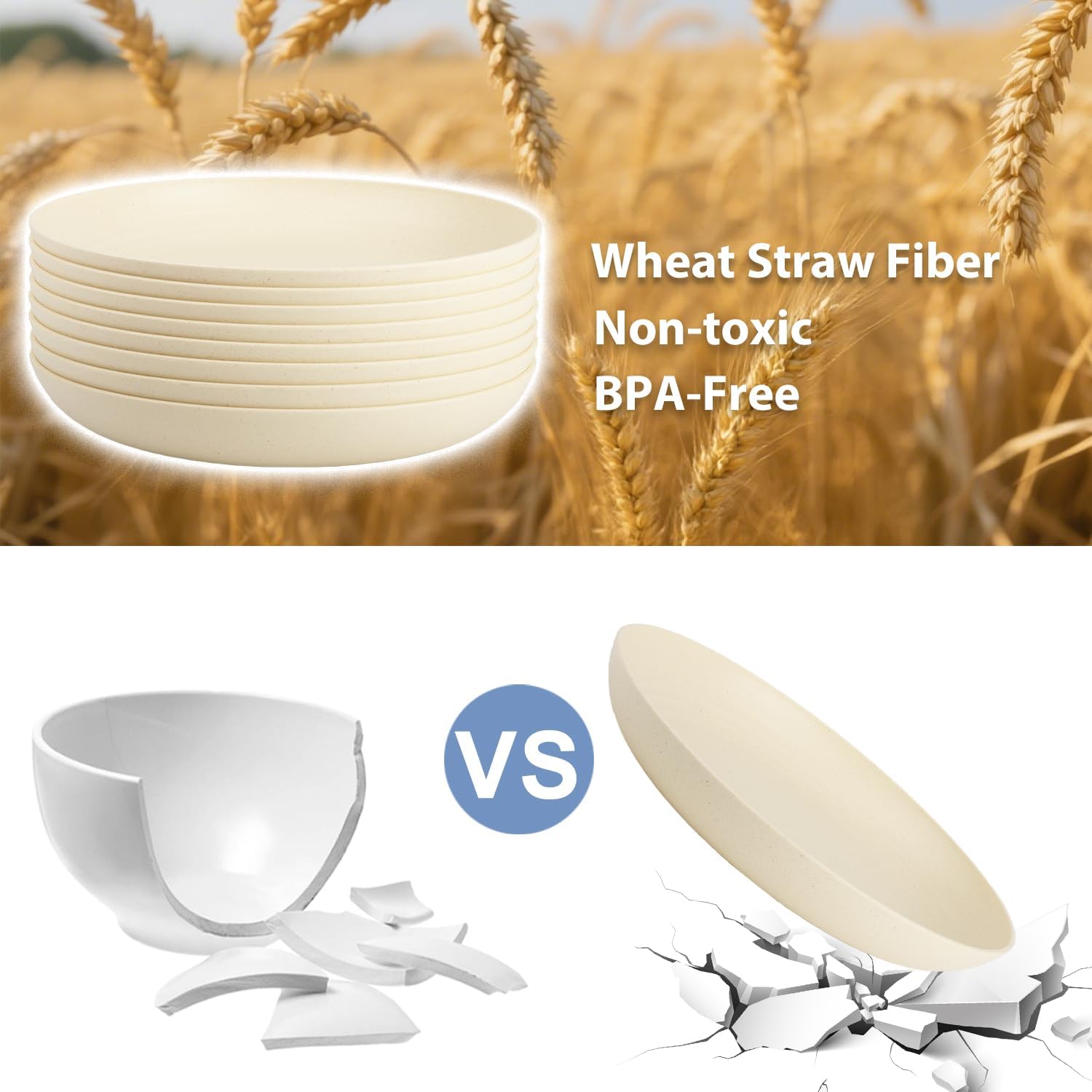Deep Dinner Plates Set of 8, Wheat Straw Plate 9 Inch, Lightweight and Unbreakable Plastic Plate Reusable, Microwave & Dishwasher Safe Camping Plates for Picnic, Outdoor, Travel (Beige) - Image 3