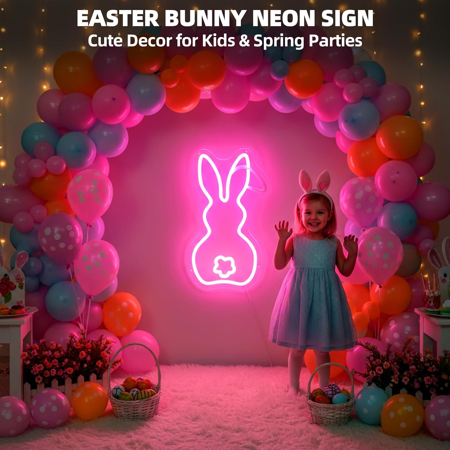 Easter Bunny Neon Sign, Pink Rabbit LED Neon Light for Easter Decor, Cute Bunny Wall Sign for Kids Room, Easter Party, Spring Home Decoration, Window & Nursery Decor 14 * 8.2in