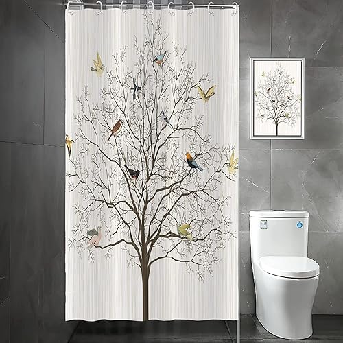 Yeele Cortina de ducha con diseño de pájaros lindos cortina de ducha beige con pájaros cortina de ducha impermeable para decoración de baño con