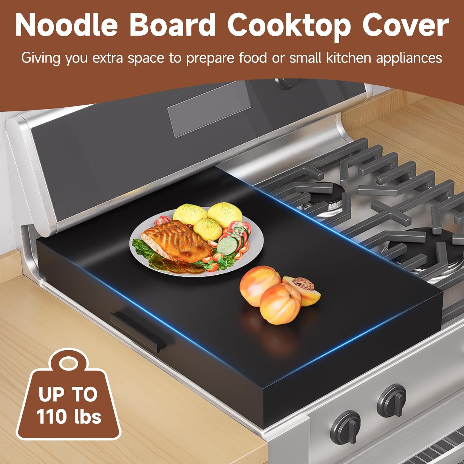 BJADE'S Stove Cover Board - 15"x22"x3" Gas/Electric Range Top Cover with Anti-Slip Feet, Kitchen Organizer & Noodle Board, Black Cooktop Protector for Counter Space Expansion