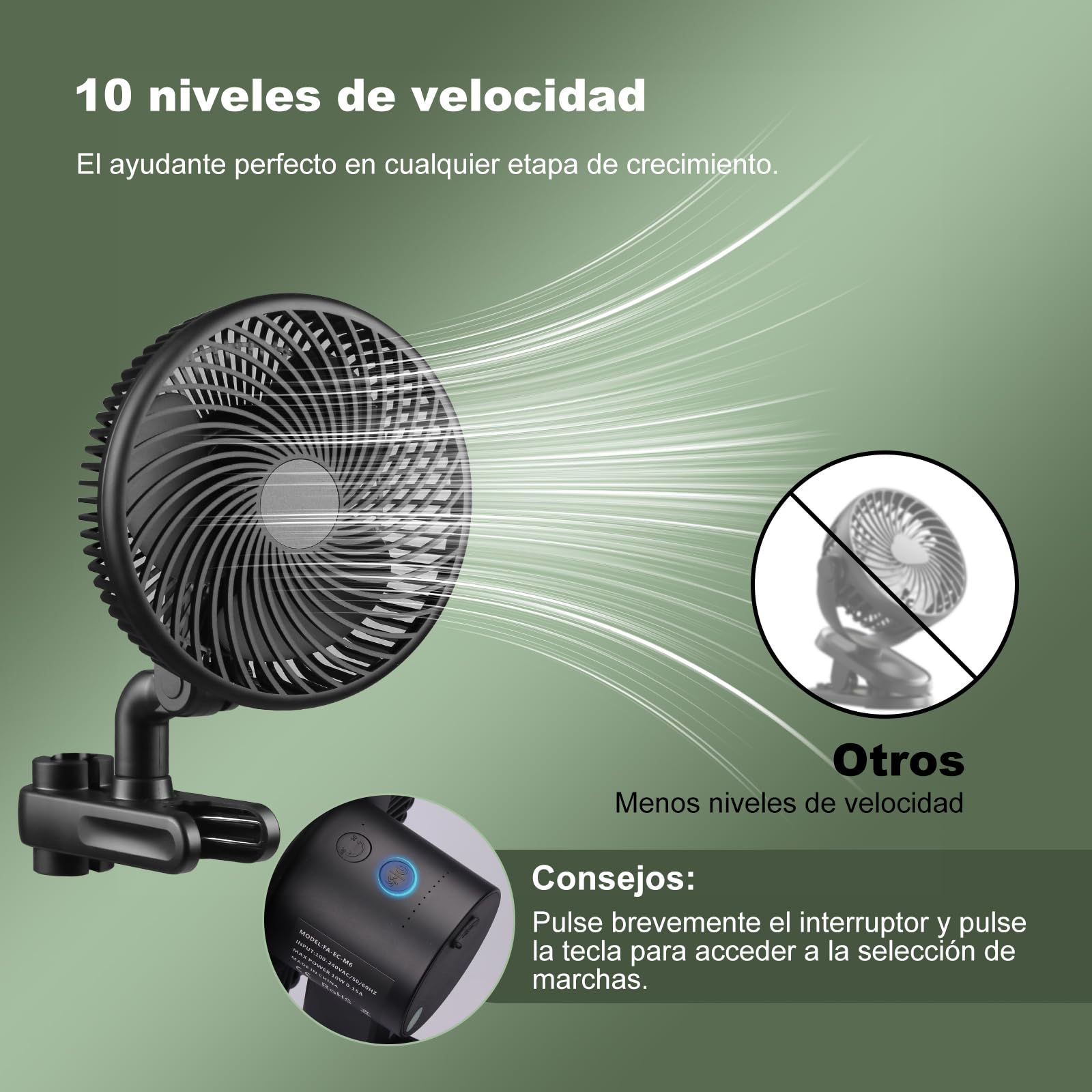 Ventilador de cultivo clip - Ventilador oscilante ajustable con 10 velocidades, silencioso para tienda de cultivo