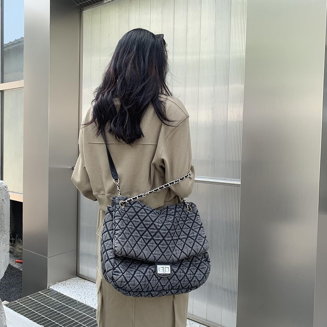 Borsa da donna grigia casual con motivo a scacchi di diamanti denim retrò moda monospalla
