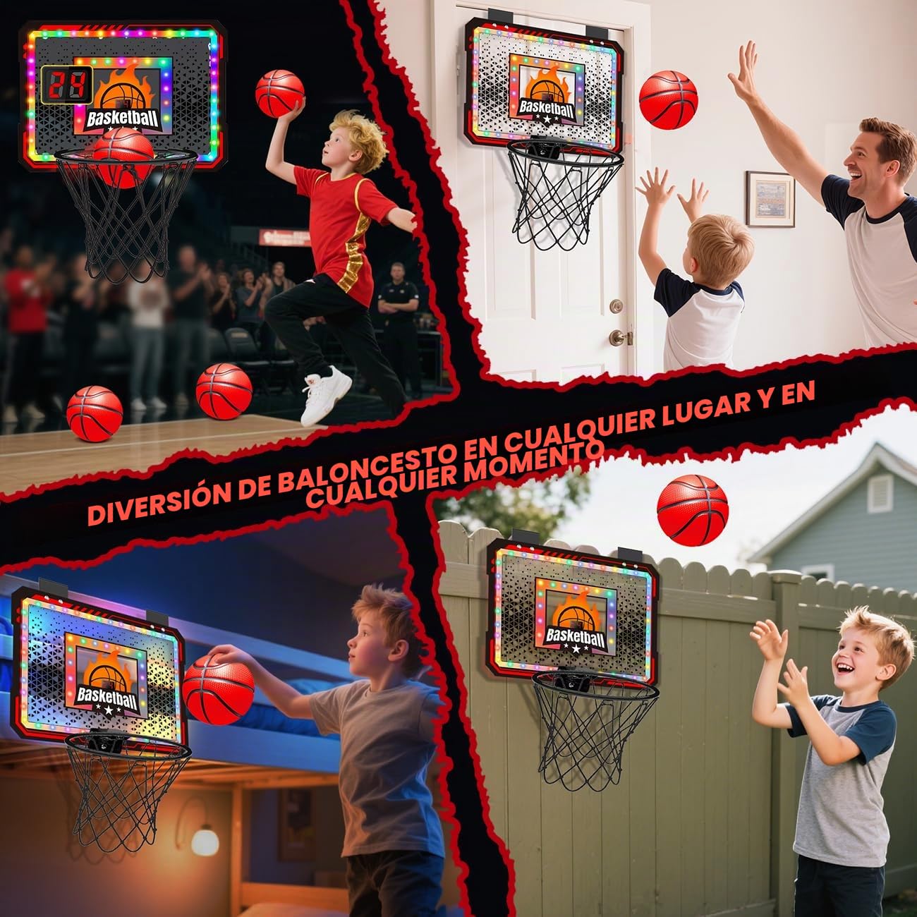 VATOS Aro de baloncesto para interiores, marcador de luz LED con control remoto, juego de baloncesto sobre la puerta, juguete de dormitorio para niños de 3 a 8 años