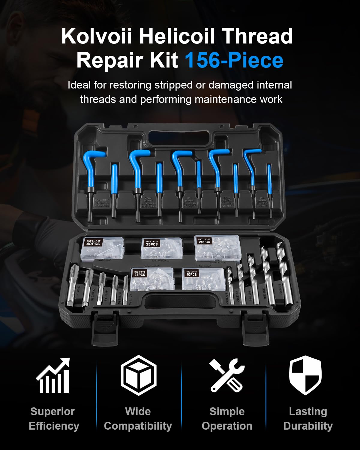 Kolvoii Kit de reparación de roscas helicoilares de 156 piezas, kit de helicoil SAE, brocas HSS, grifos e insertos de rosca, motor automotriz, bujía y herramienta de reenhebrado de maquinaria