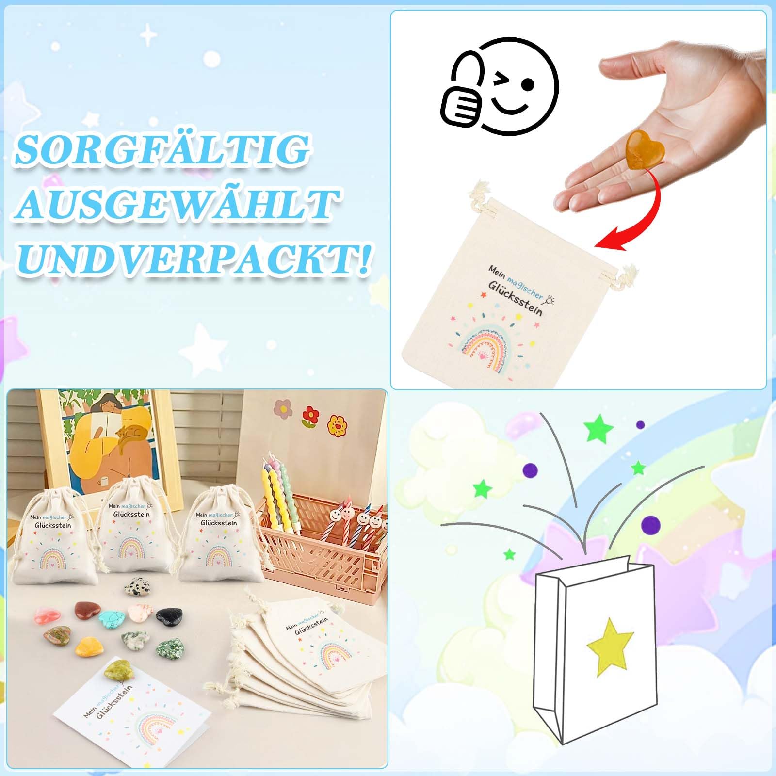 12er Glückssteine für Kinder, Kindergeburtstag Mitgebsel mit Edelsteine Jutesäckchen und Magische Steine Kärtchen, Give Away für Taufe Kommunion Hochzeit oder Wichtelgeschenk, Glücksbringer Kinder (C)