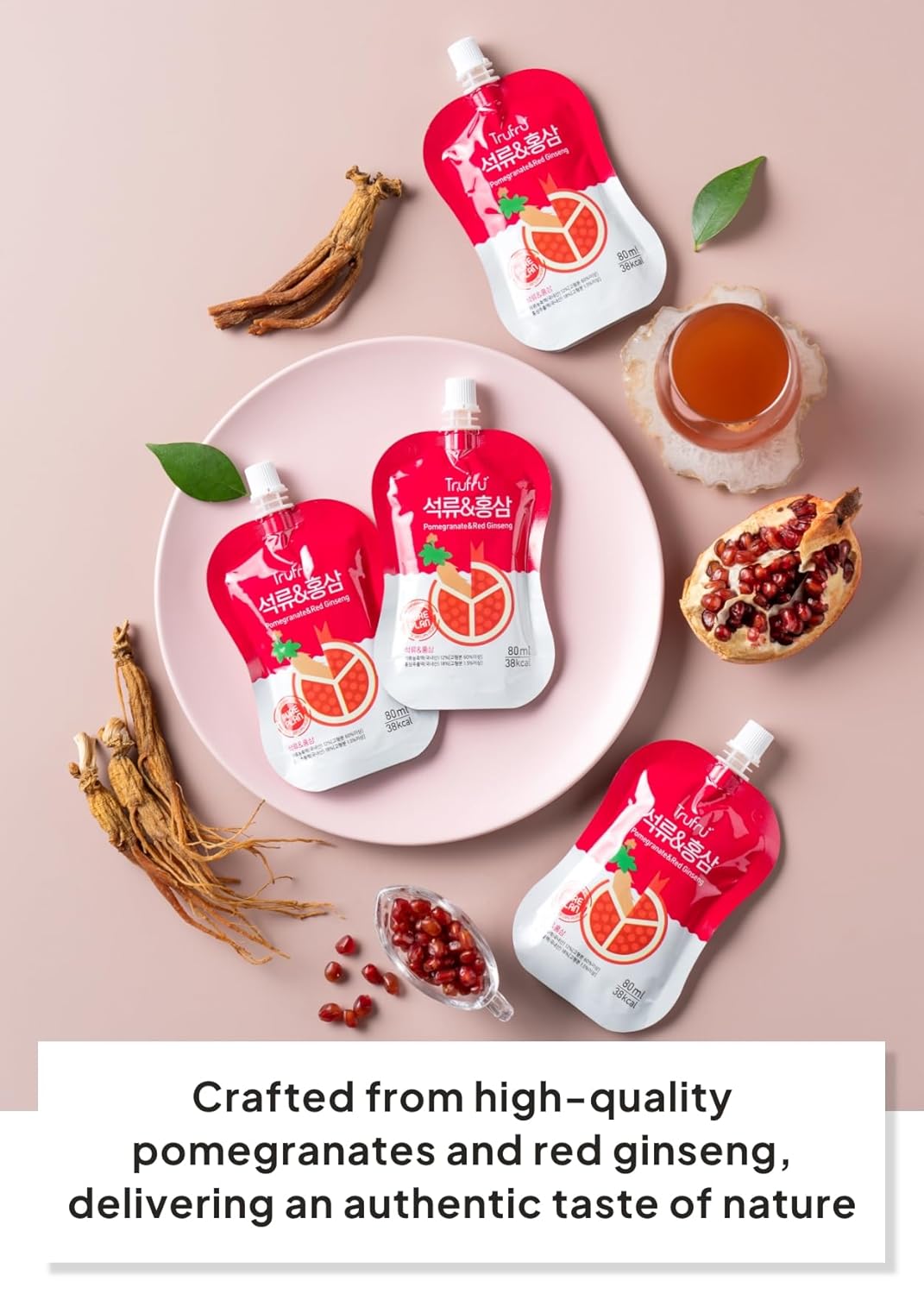 Korean Food Trufru Pomegranate & Red Ginseng Essence - All-Natural Zesty Vitality Shot, Tart & Tangy Morning Boost, 15 Individual Pouches (2.7 fl oz Each)