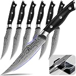 CoquusAid Steak Knives Set of 8, 4.8 Inch Straight Edge Ultra Sharp Durable Meat knives With Rest, High Carbon Stainless Steel Damascus Pattern Triple Rivet Handle, Ideal for Home Restaurant Party
