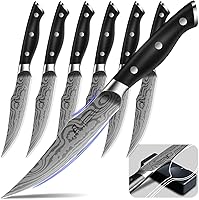 CoquusAid 6-Piece Steak Knives Set with Spoon Rests - 4.8" Non-Serrated High-Carbon Stainless Steel Full Tang Damascus Pattern, Rust-Resistant