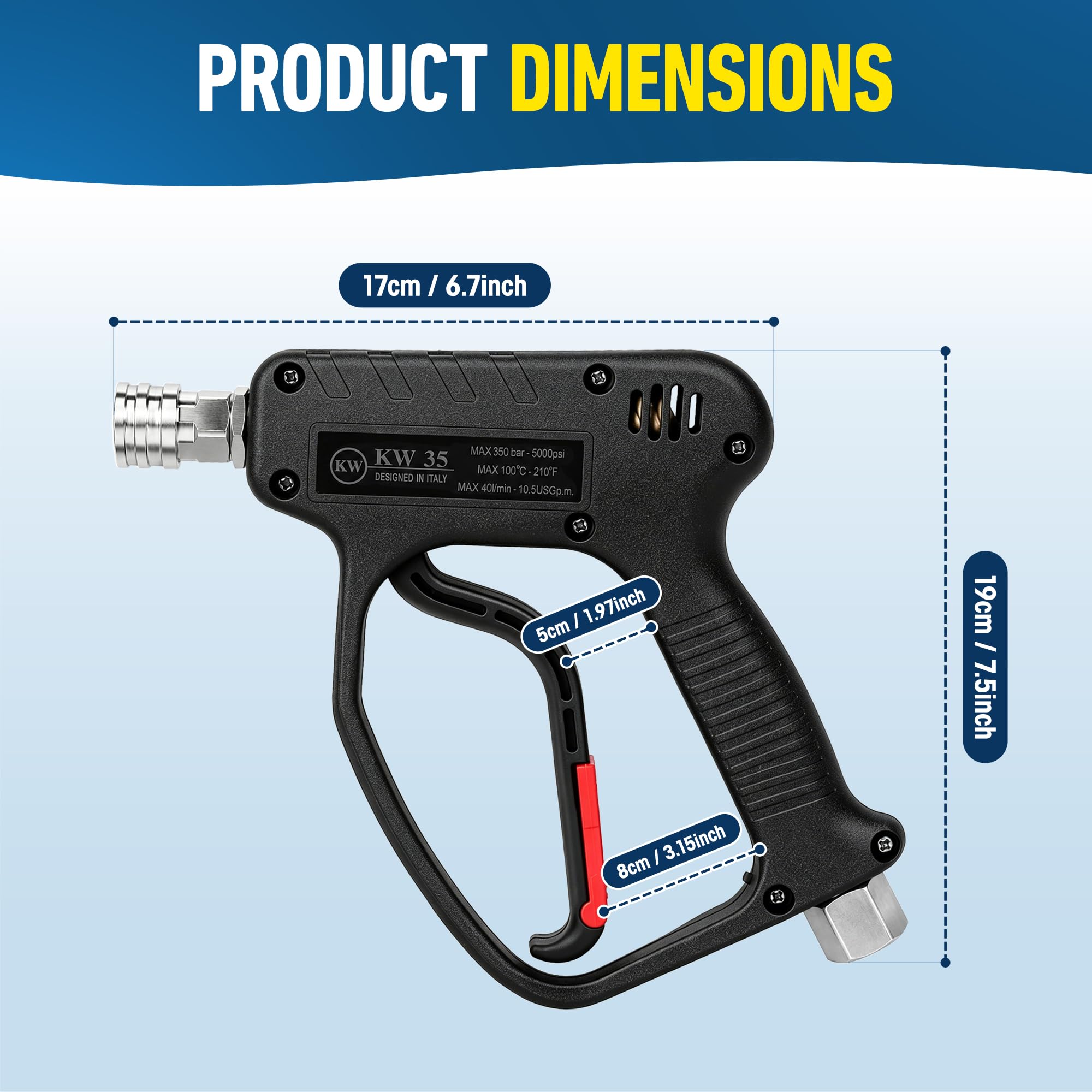 Pistola corta para lavadora a presión, 5000 PSI/10.5 GPM pistola de pulverización de alta potencia con giro rápido de 3/8 pulgadas y conexión M22-14 mm para cañón de espuma para lavado de autos