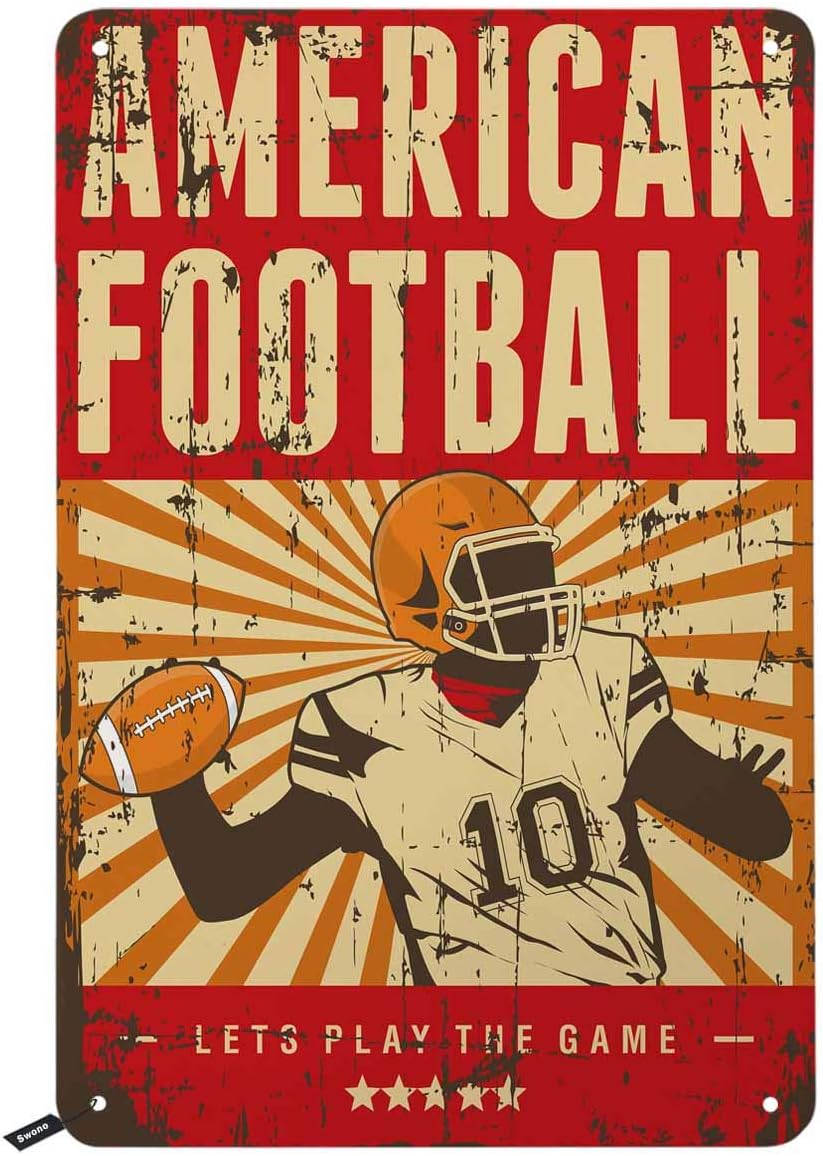 Swono American Football Tin Signs,Gamer Play Football on Red Background Vintage Metal Tin Sign For Men Women,Wall Decor for Bars,Restaurants,Cafes Pubs,12x8 Inch