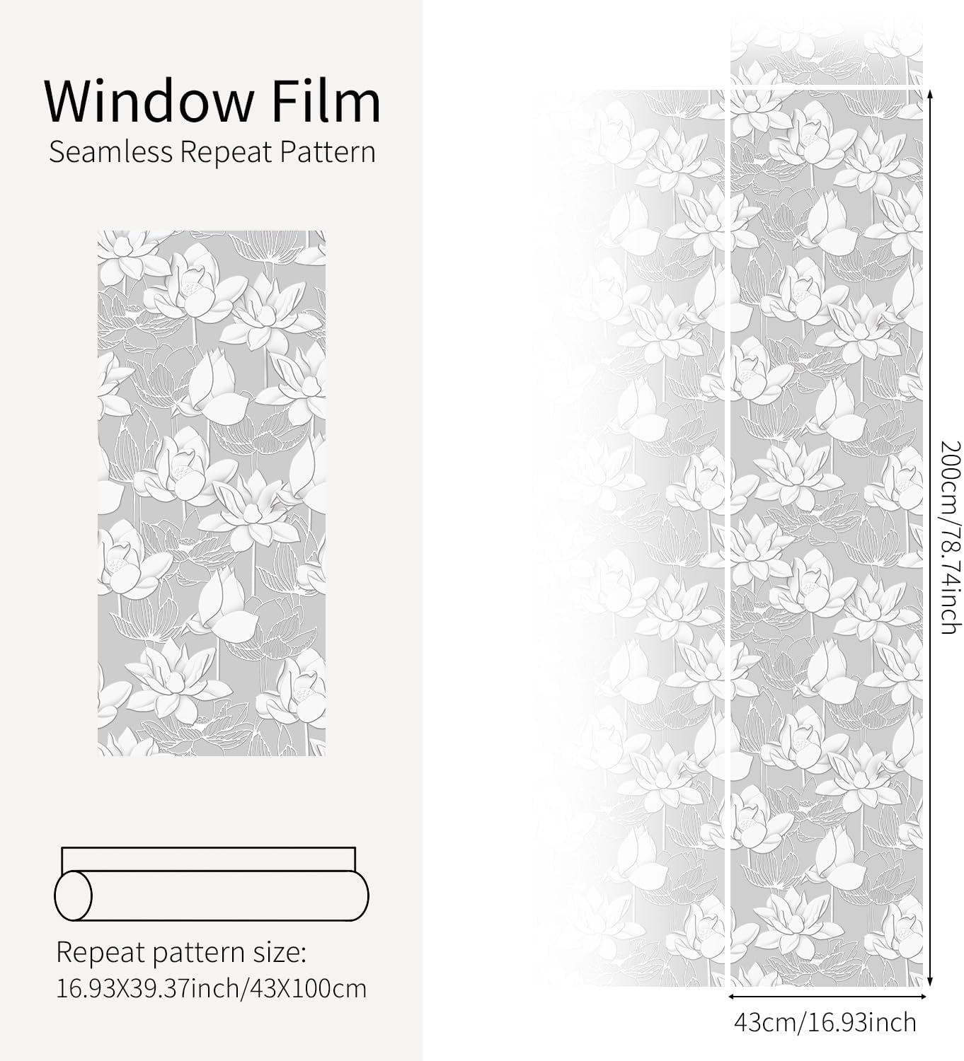 Faux 3D Frosted Tropical Window Privacy Film for Glass Door and Window, 16.93"x78.74" 3D-Lotus Flower