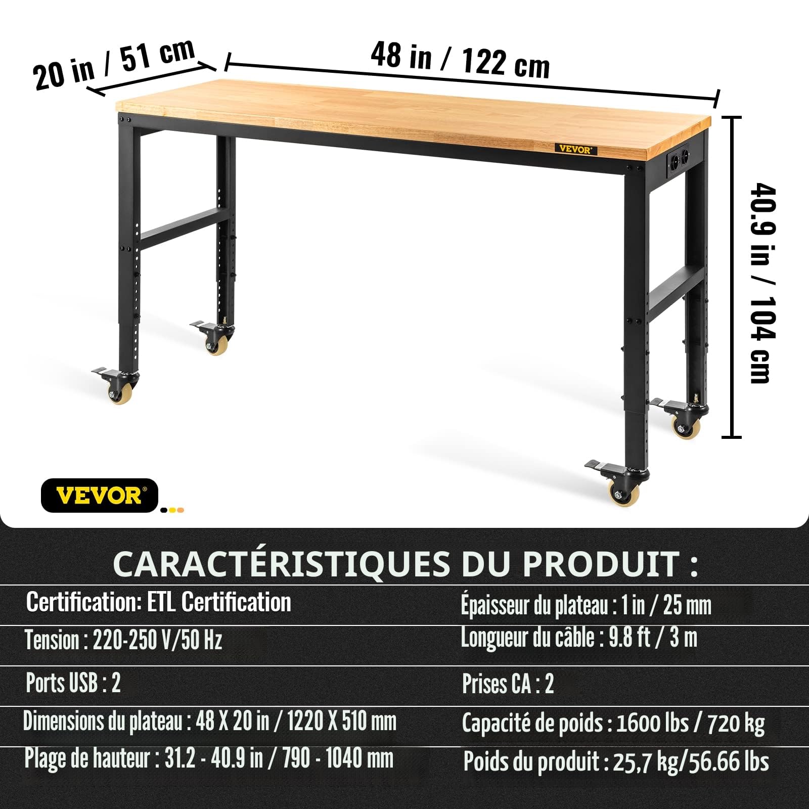 VEVOR Établi Garage Atelier 122x51x104 cm Table de Travail Hauteur Réglable 79-104 cm, avec Plateau en Bois Chêne Cadre en Acier, Établi Multifonctionnel avec 4 roulettes pour Réparation Bricolage