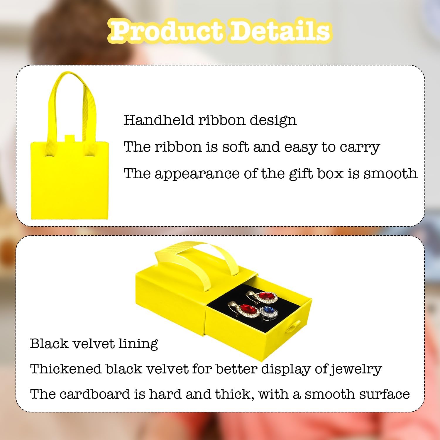 12 Pcs Drawer Jewelry Box for Necklaces, Black Kraft Paper Gift Boxes for Jewelry Packaging, Small Pull Out Box with Sponge Velvet Pad, Bulk Gift Boxes for Small Business, Crafts (4"x4") (Yellow)