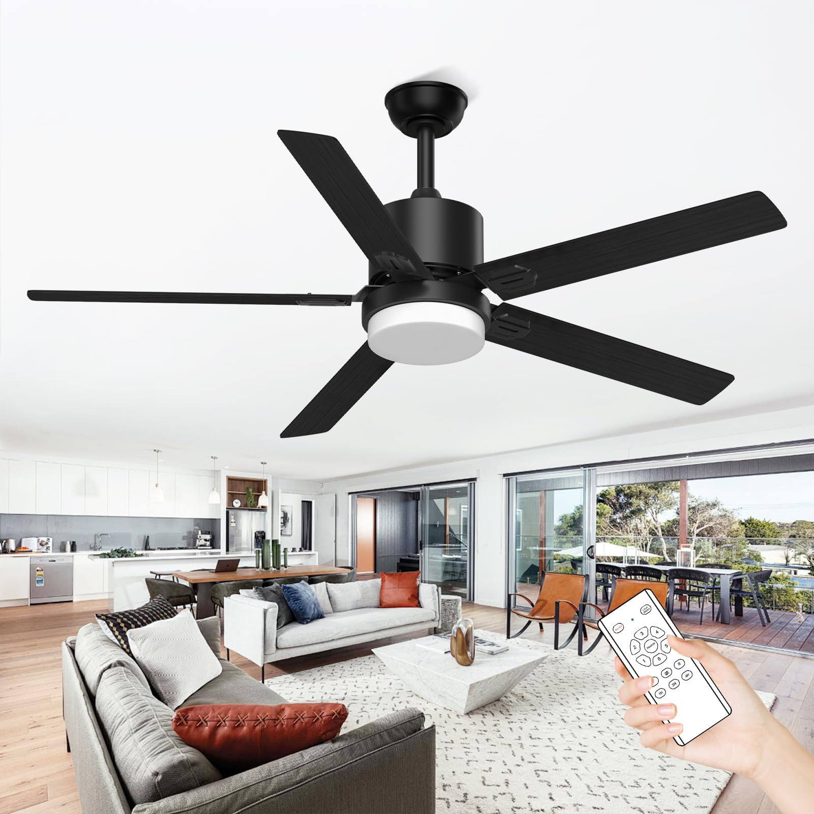Ceiling Fans with Lights and Remote, 60 Inch Black Outdoor Fan with Adjustable Light Noiseless 6 Speed Reversible DC Motor, 5 Blades Fan for Patio Bedroom Kitchen