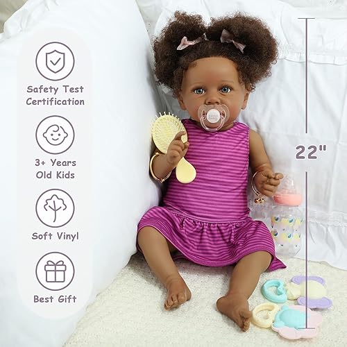 Miniatura 2 de Muñecas Reborn Baby Girl, muñeca realista de 22 pulgadas, muñeca realista afroamericana recién nacida Bebe Caramel de la vida real como muñecas de