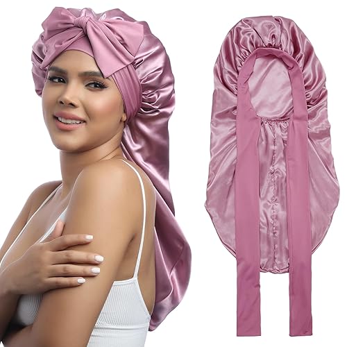 AWAYTR Gorro largo de satén para mujer, gorro de seda elástica de doble capa para trenzas, gorro de dormir con banda de amarre (oro rosa)