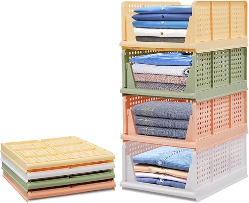 Juego de 4 cajas de almacenamiento apilables para armario, organizador de cajones de plástico, cestas plegables para estantes, contenedores